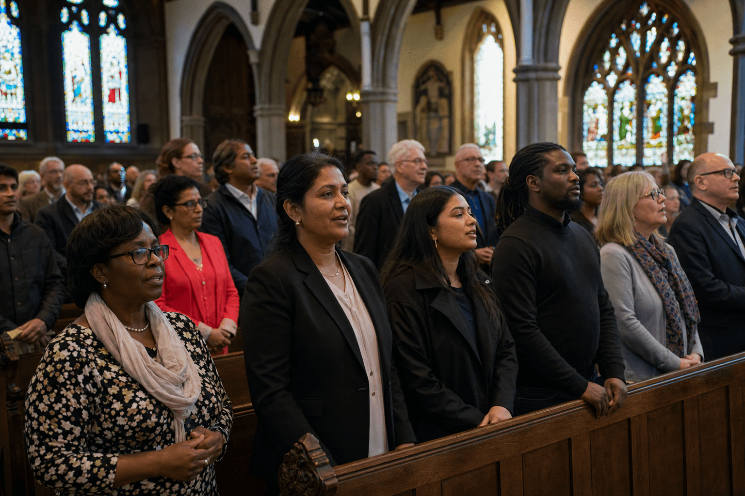 Multicultural British church congregation gathered in a historic sanctuary