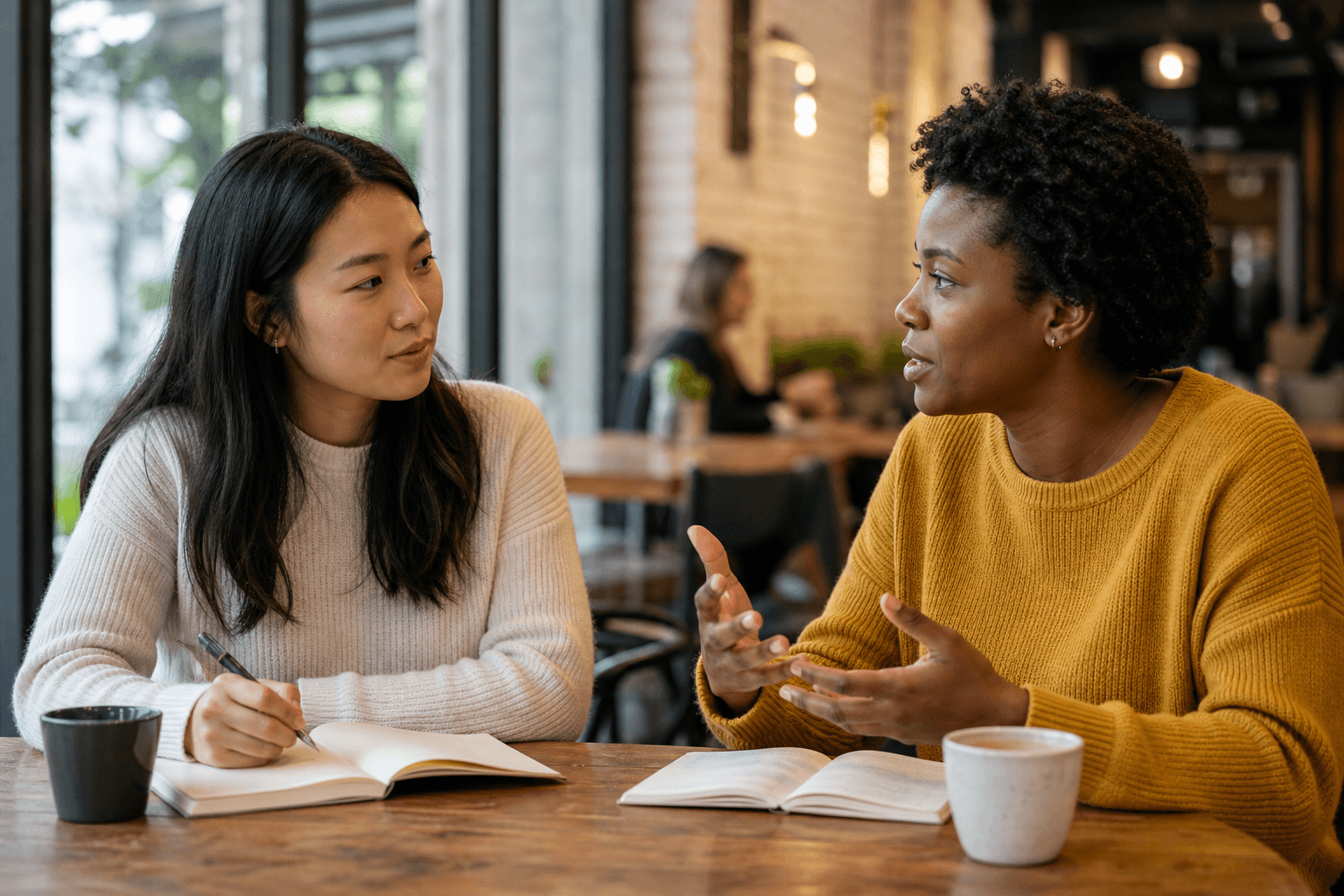 Two diverse seekers thoughtfully comparing faith community options together