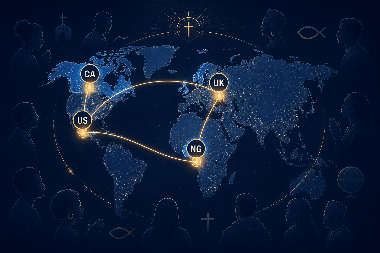 Infographic showing FaithClear launch countries — United States, Nigeria, United Kingdom, and Canada — connected across a world map