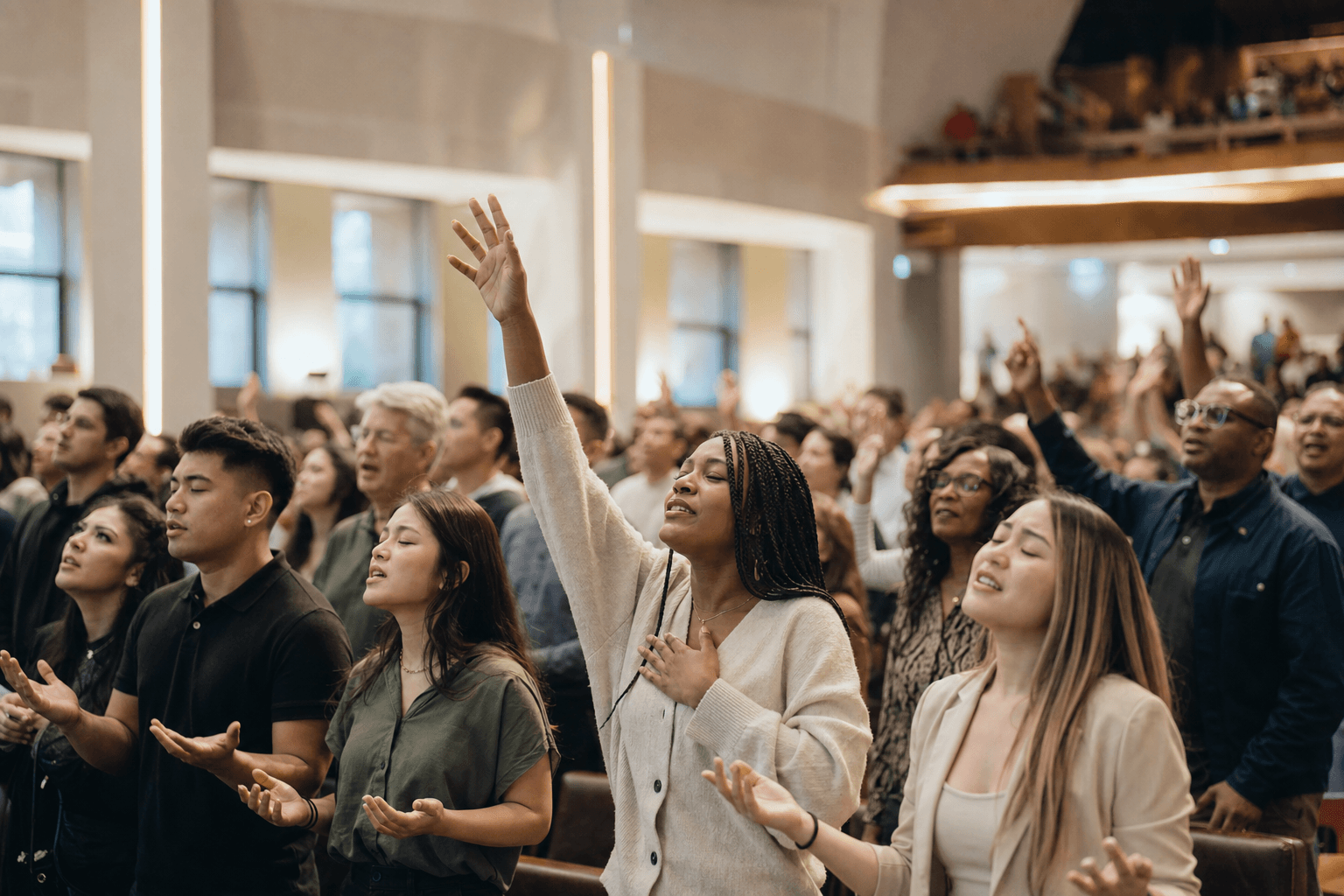 Diverse global Christian congregation worshipping together in warm light