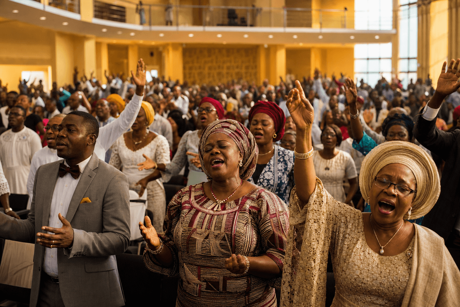 Vibrant Nigerian congregation worshipping together in warm golden light