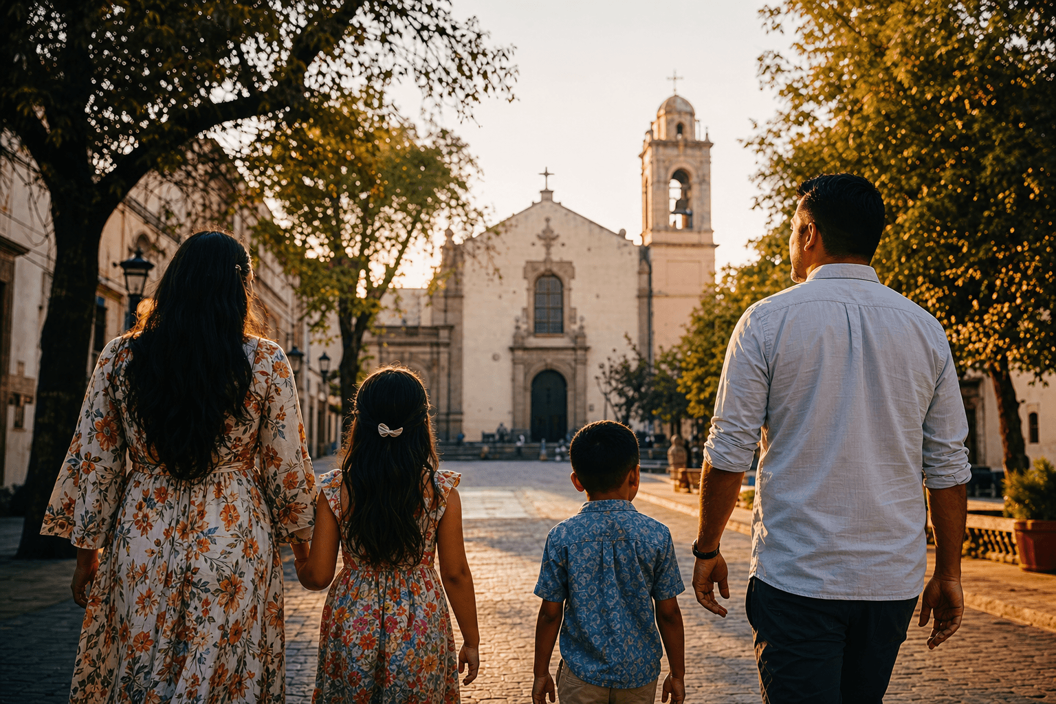 Diverse family walking toward a historic church to visit in person