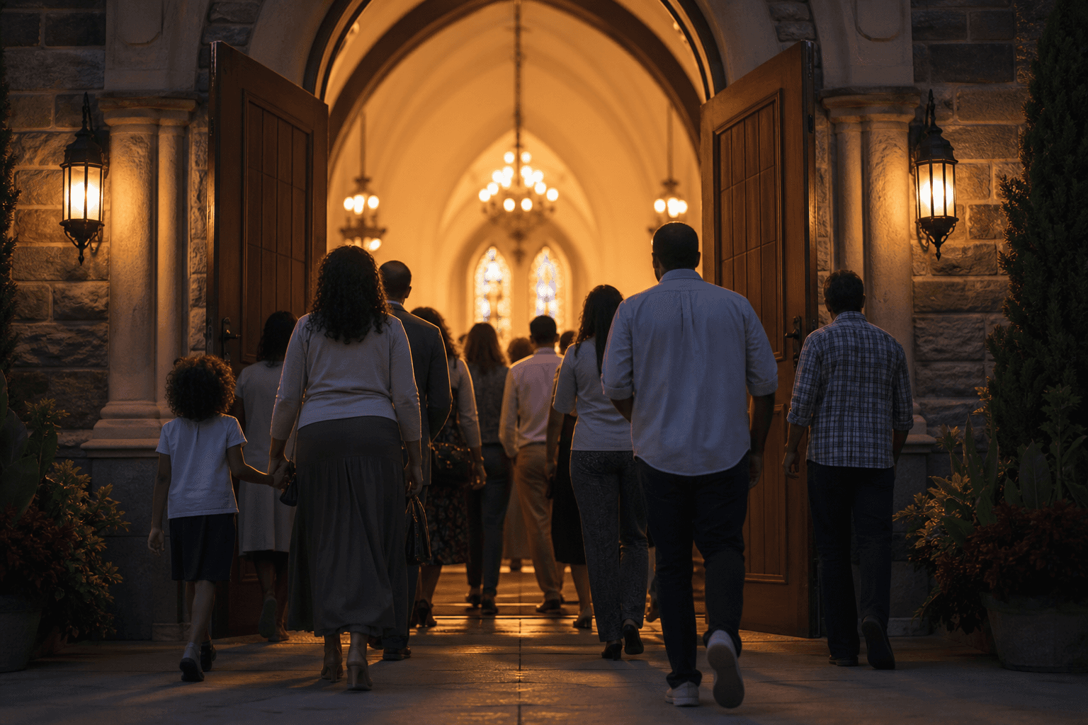Welcoming church entrance with open doors and warm light inviting visitors